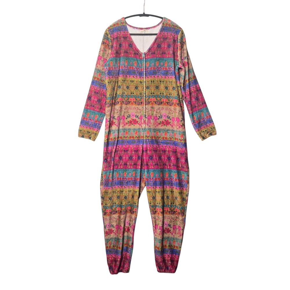 Natural Life Fleece Onesie Pajama Front Zip Multi-Color M Floral Geometric Cozy